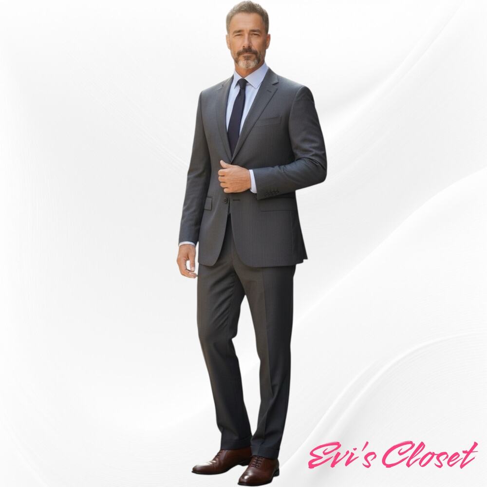 Pavone 100% Wool Super 100 Pin Stripe Suite Grey 46 Long Pleated Cuffed Pants.